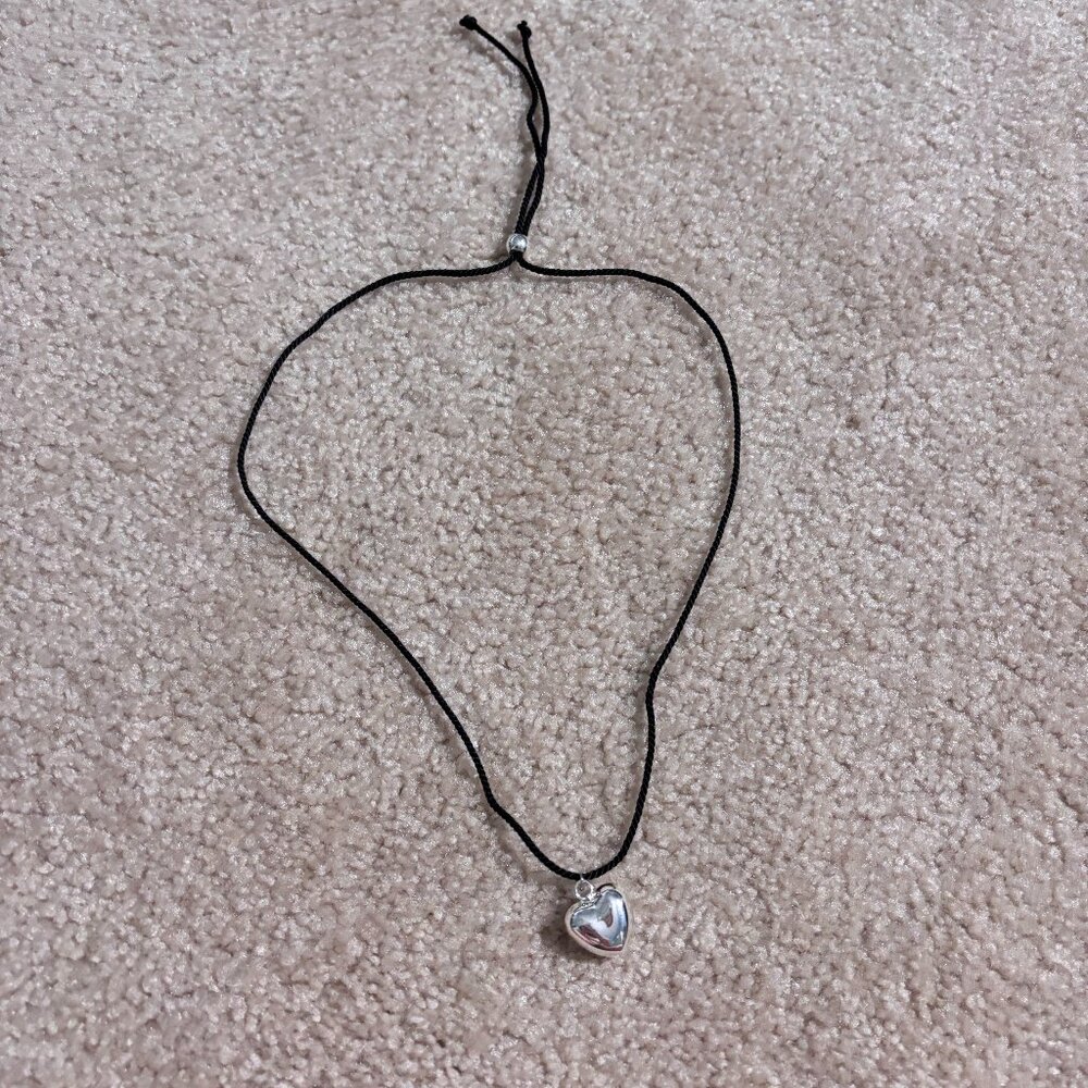 Black String with Silver Heart Necklace